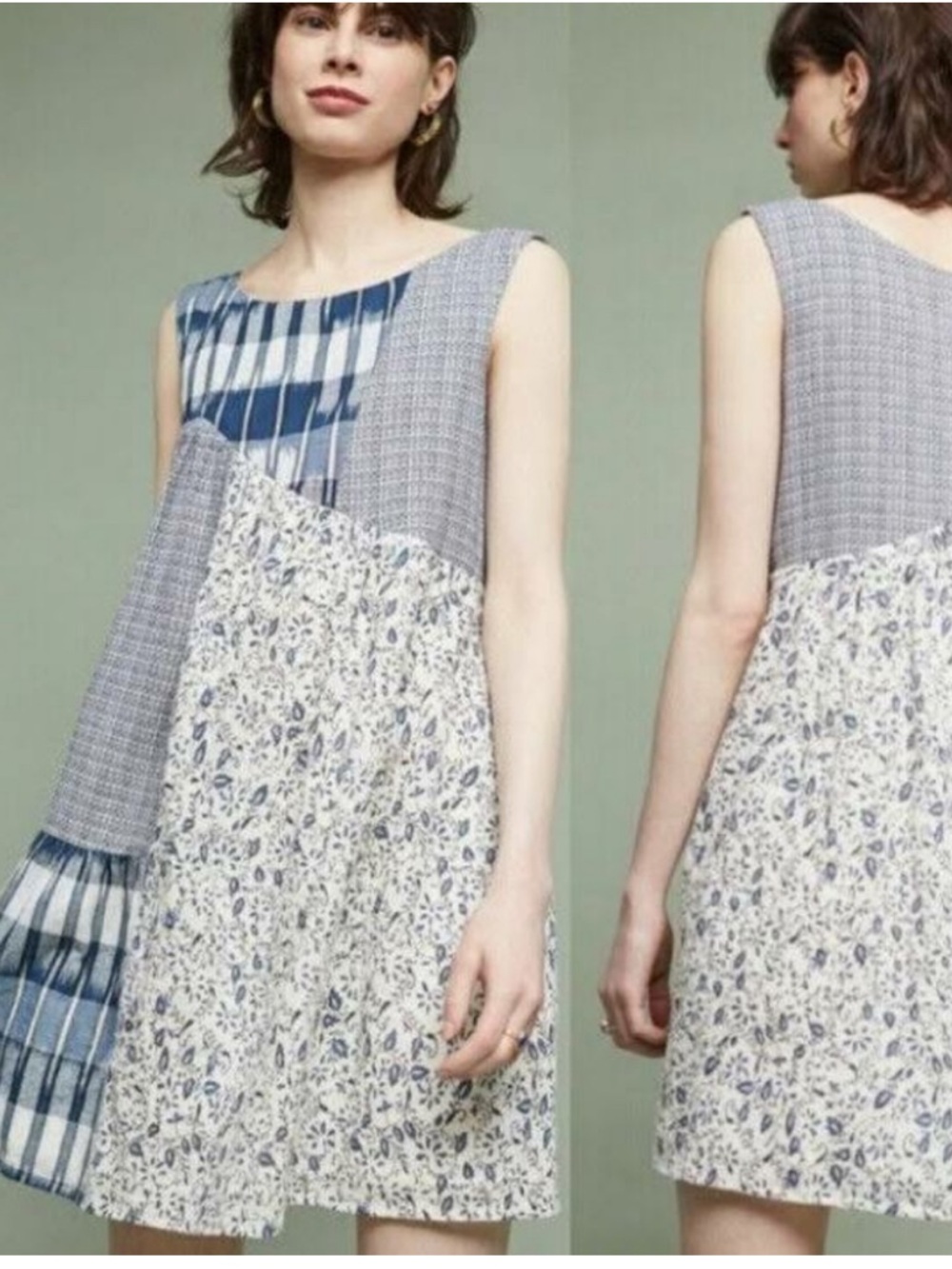 ANTHROPOLOGIE HOLDING HORSES Blue & White Patchwork Sleeveless Mini Dress
